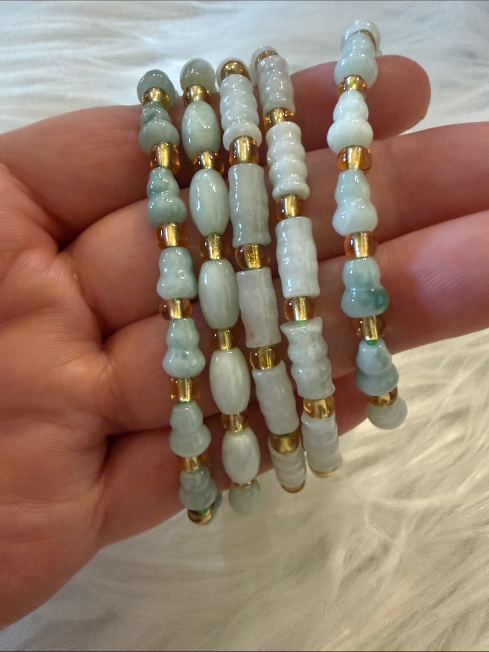 Handmade Light Green and Gold Beaded Stretch Bracelet Set - Women Jewelry